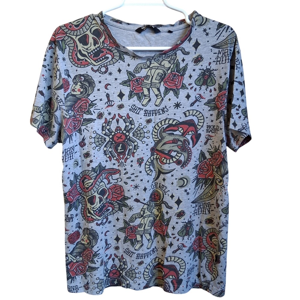 CROPP Men's Regular Fit Graphic‎ T-Shirt Tattoo Print Short Sleeve Grey Size M